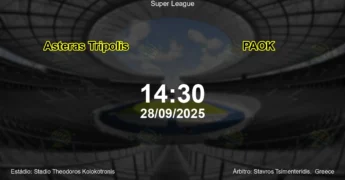 Palpite e análise do jogo Asteras Tripolis vs PAOK pela Super League