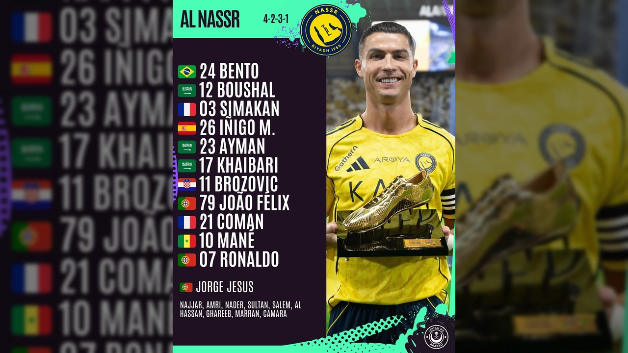 Imagens das escalações de Al Nassr e Al Ittihad com Cristiano Ronaldo e Benzema, crédito Central do Arabão / Instagram.