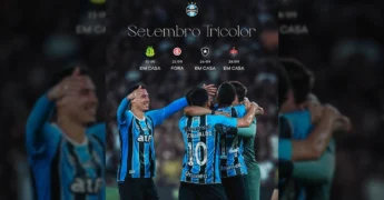Jogadores do Grêmio em comemoração durante partida. Créditos: Grêmio / Instagram