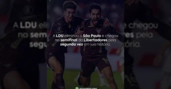 Imagem de jogadores da LDU comemorando a vitória contra o São Paulo na Libertadores 2025. Créditos: Você Sabia? - Futebol / Instagram.