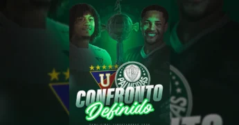 Imagem promocional da semifinal da Libertadores 2025 entre Palmeiras e LDU, com jogadores, taça e logos. Créditos: blogtcv / Instagram