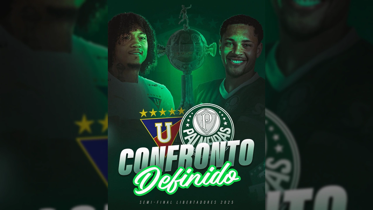 Imagem promocional da semifinal da Libertadores 2025 entre Palmeiras e LDU, com jogadores, taça e logos. Créditos: blogtcv / Instagram
