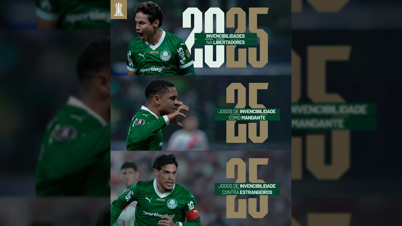 Imagem mostrando jogadores do Palmeiras com os números de invencibilidade na Libertadores. Créditos: SE Palmeiras / Instagram