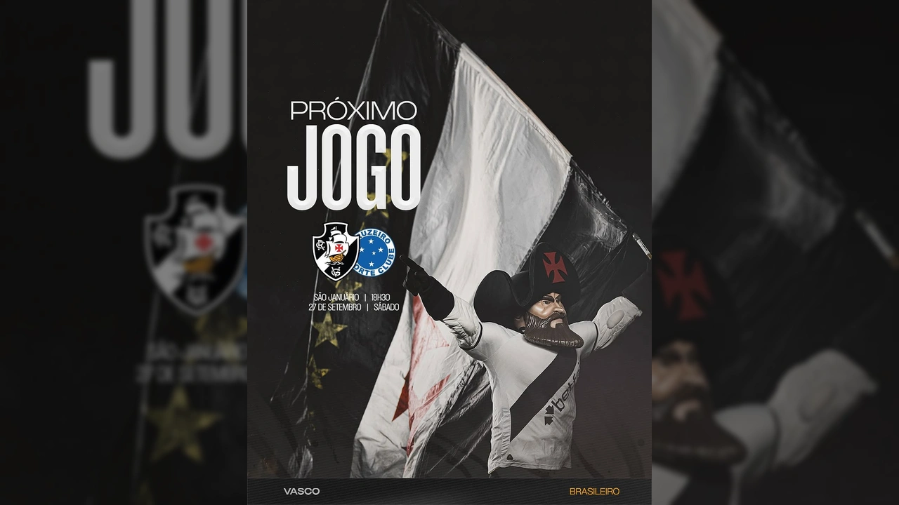 Imagem promocional do Vasco da Gama para o jogo contra o Cruzeiro, com o mascote e a bandeira. Créditos: Vasco da Gama / Instagram