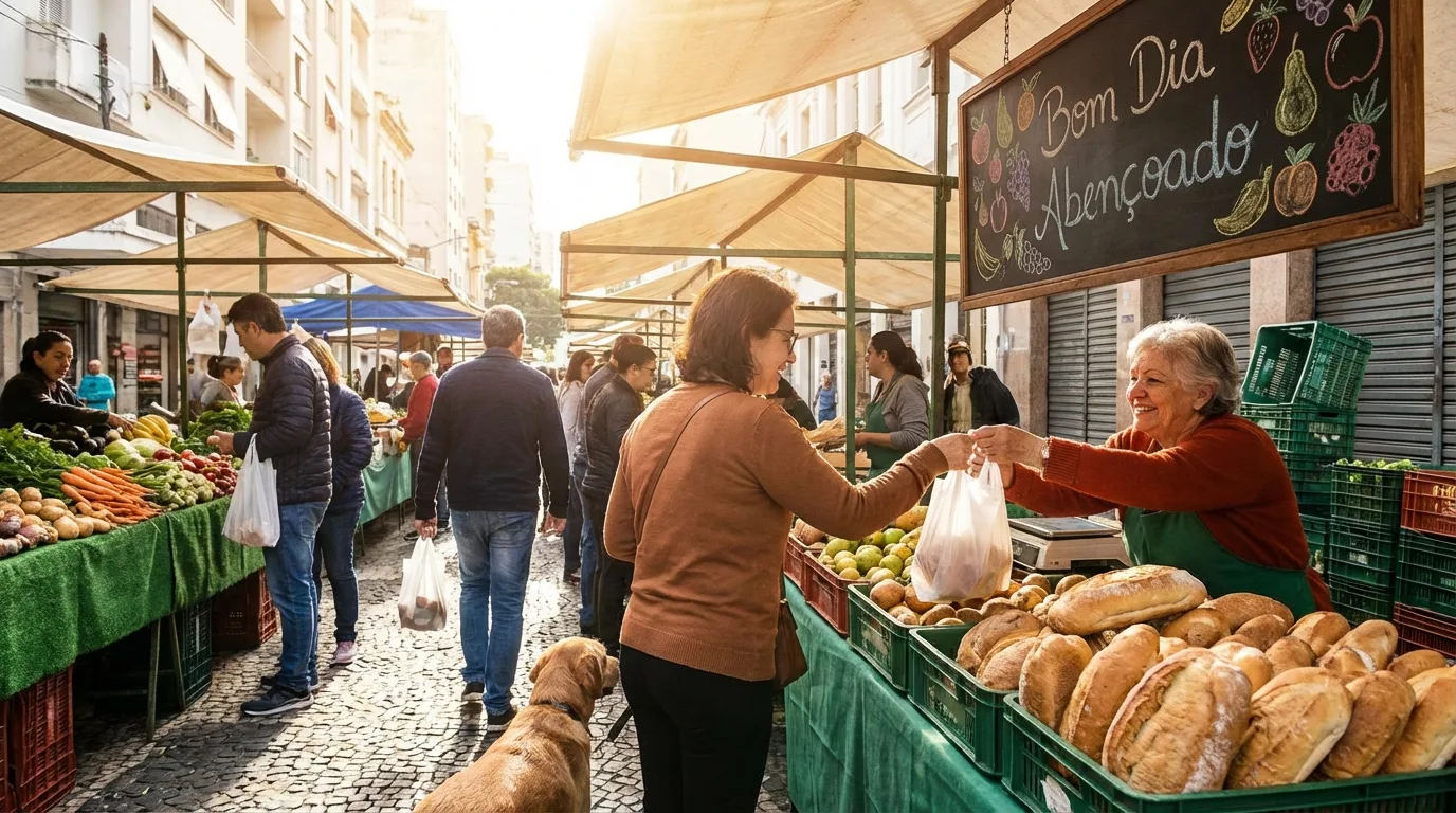 Cena de uma feira de rua em uma manhã ensolarada, simbolizando um domingo de paz e bênçãos. Uma simpática vendedora sorri para uma cliente, e ao fundo uma lousa com a mensagem 'Bom Dia Abençoado'.